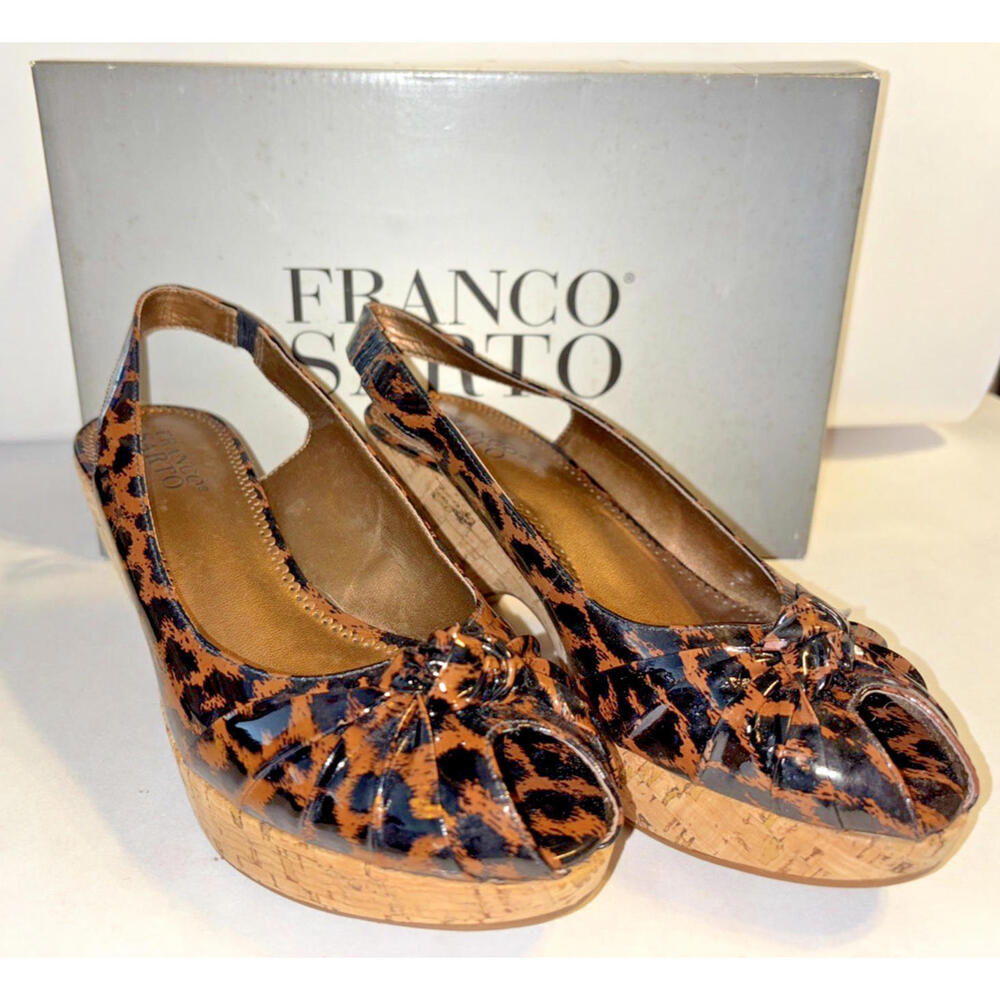 Franco Sarto Leopard Print Cork Heel Shoes Size 8M Open Toe Sling Back In Box